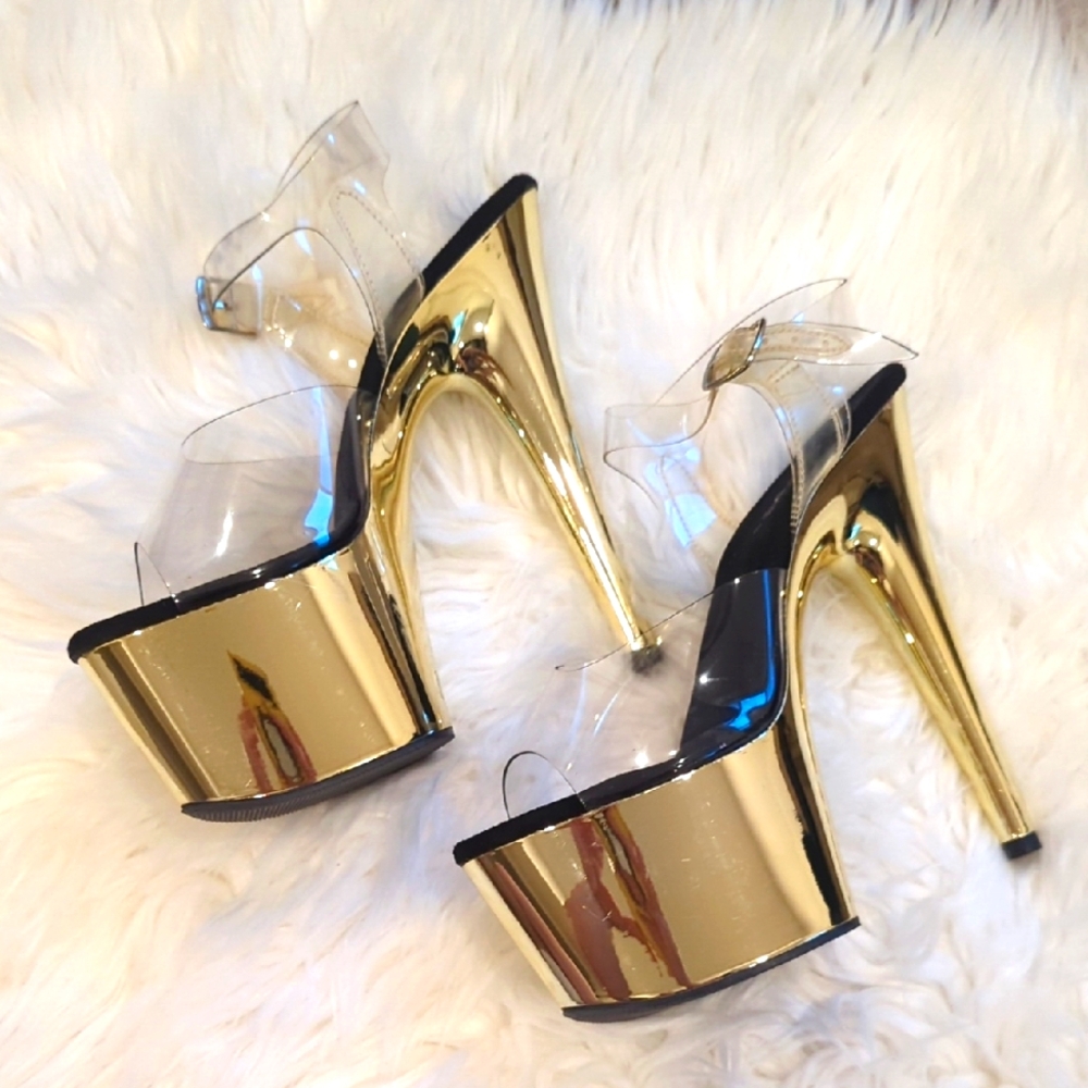 Pleaser Gold Adore 708 Clear Straps 7" Platform Heels